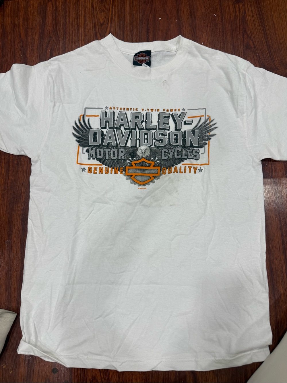 Harley-Davidson White Tee with Orange & Black Graphic